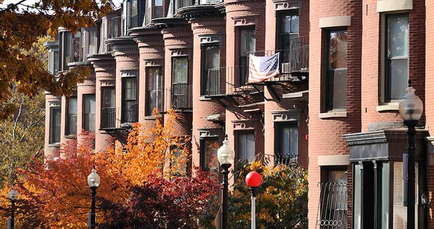 A row of brick Victorian houses in Boston's South End neighborhood